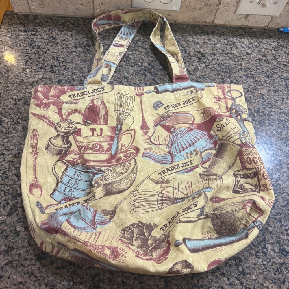 Trader Joes Canvas Tote Bag Vintage Kitchenware Print Tan Burgundy Blue Shopper
